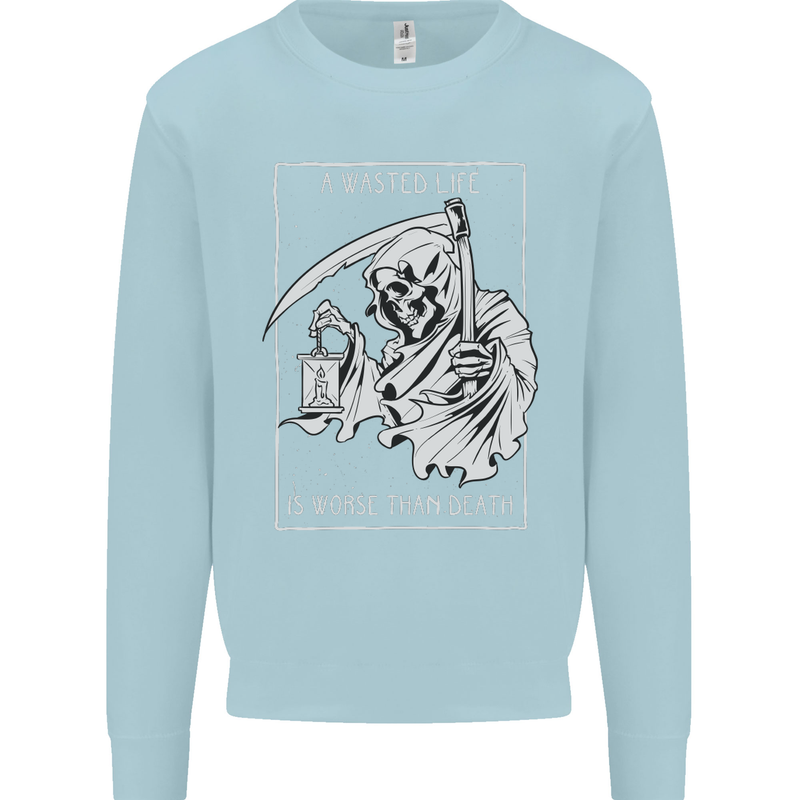Wasted Life Grim Reaper Gothic Biker Skull Kids Sweatshirt Jumper Light Blue