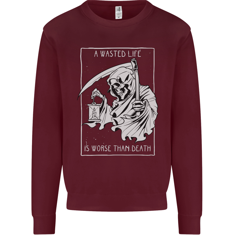 Wasted Life Grim Reaper Gothic Biker Skull Kids Sweatshirt Jumper Maroon