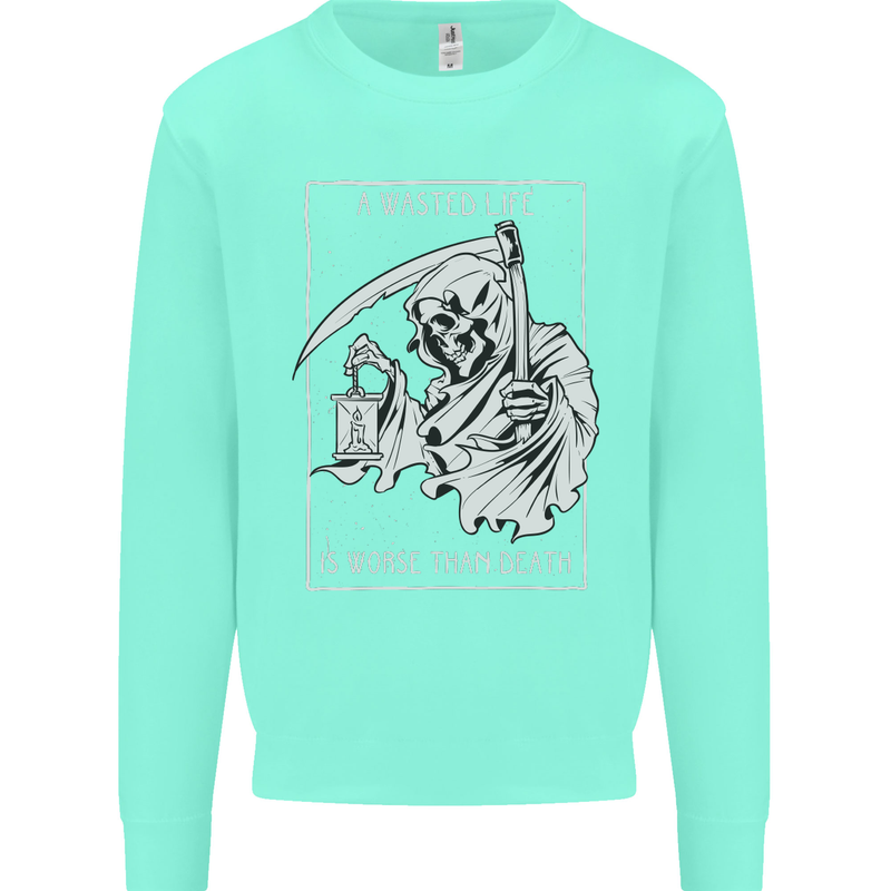 Wasted Life Grim Reaper Gothic Biker Skull Kids Sweatshirt Jumper Peppermint