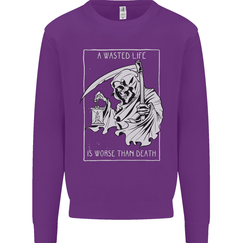 Wasted Life Grim Reaper Gothic Biker Skull Kids Sweatshirt Jumper Purple