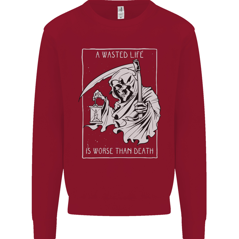 Wasted Life Grim Reaper Gothic Biker Skull Kids Sweatshirt Jumper Red