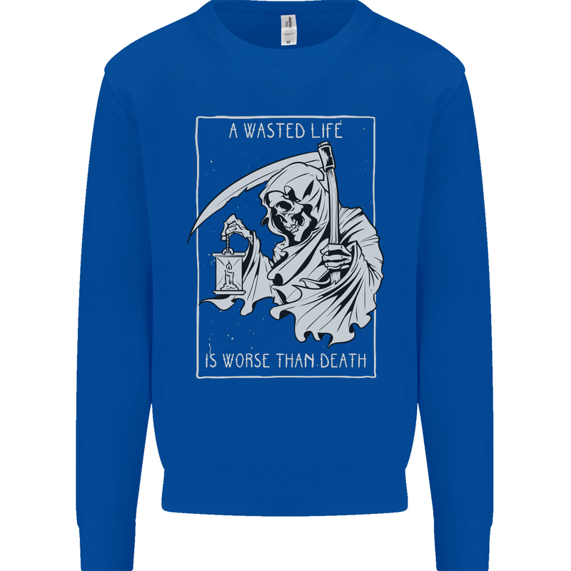 Wasted Life Grim Reaper Gothic Biker Skull Kids Sweatshirt Jumper Royal Blue