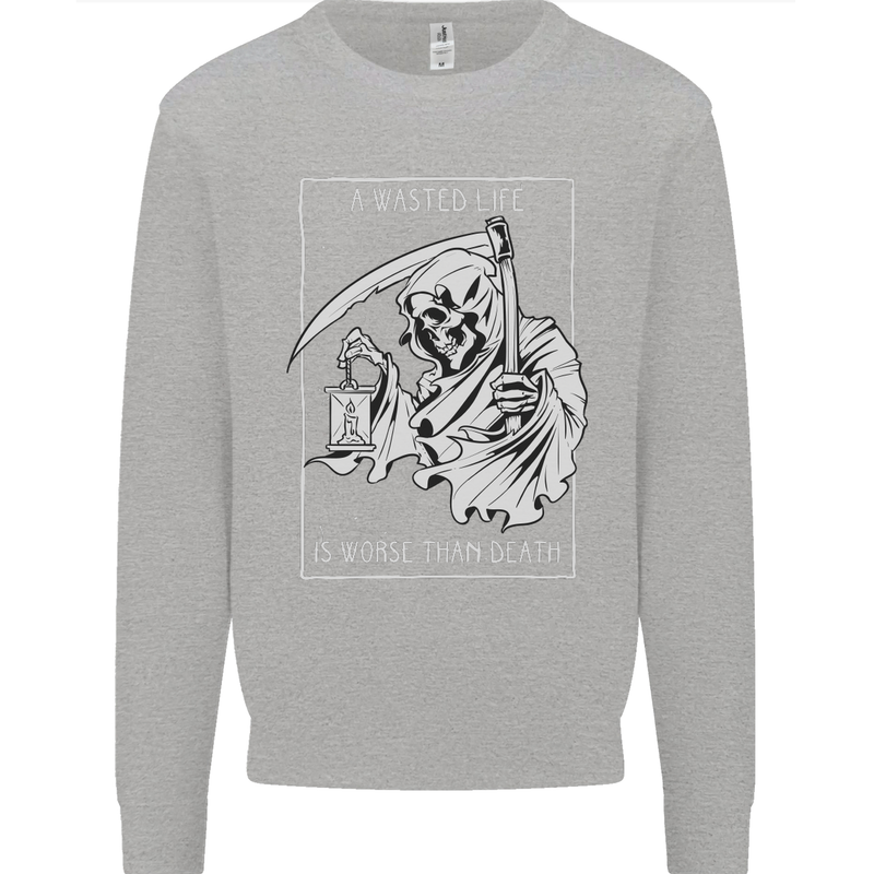 Wasted Life Grim Reaper Gothic Biker Skull Kids Sweatshirt Jumper Sports Grey
