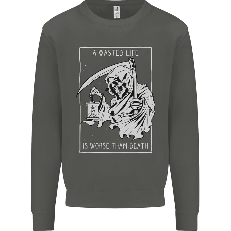 Wasted Life Grim Reaper Gothic Biker Skull Kids Sweatshirt Jumper Storm Grey