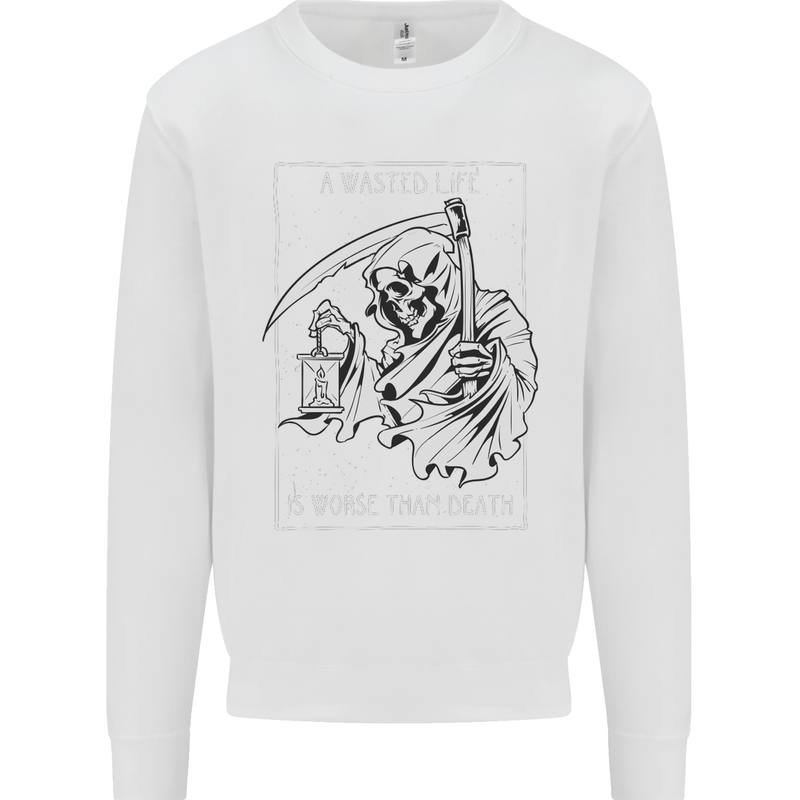 Wasted Life Grim Reaper Gothic Biker Skull Kids Sweatshirt Jumper White