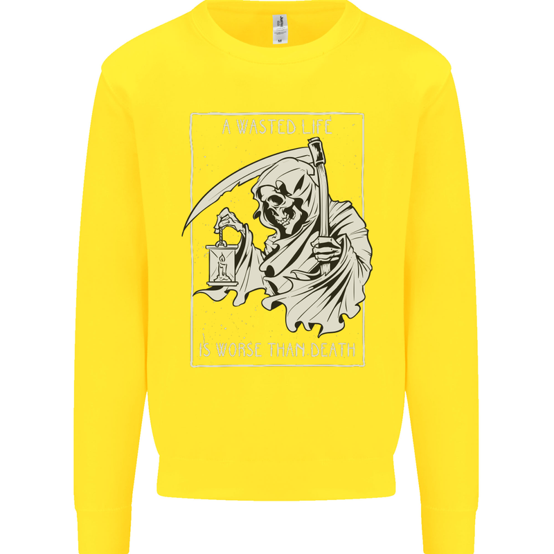 Wasted Life Grim Reaper Gothic Biker Skull Kids Sweatshirt Jumper Yellow