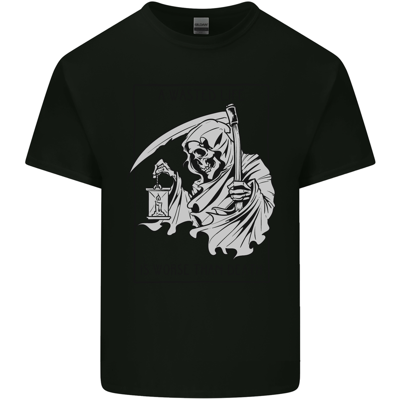 Wasted Life Grim Reaper Gothic Biker Skull Kids T-Shirt Childrens Black