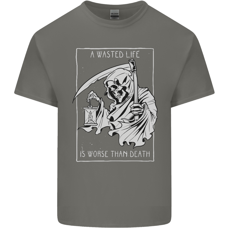 Wasted Life Grim Reaper Gothic Biker Skull Kids T-Shirt Childrens Charcoal