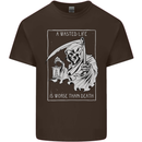 Wasted Life Grim Reaper Gothic Biker Skull Kids T-Shirt Childrens Chocolate