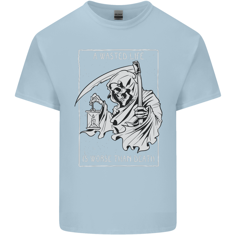 Wasted Life Grim Reaper Gothic Biker Skull Kids T-Shirt Childrens Light Blue