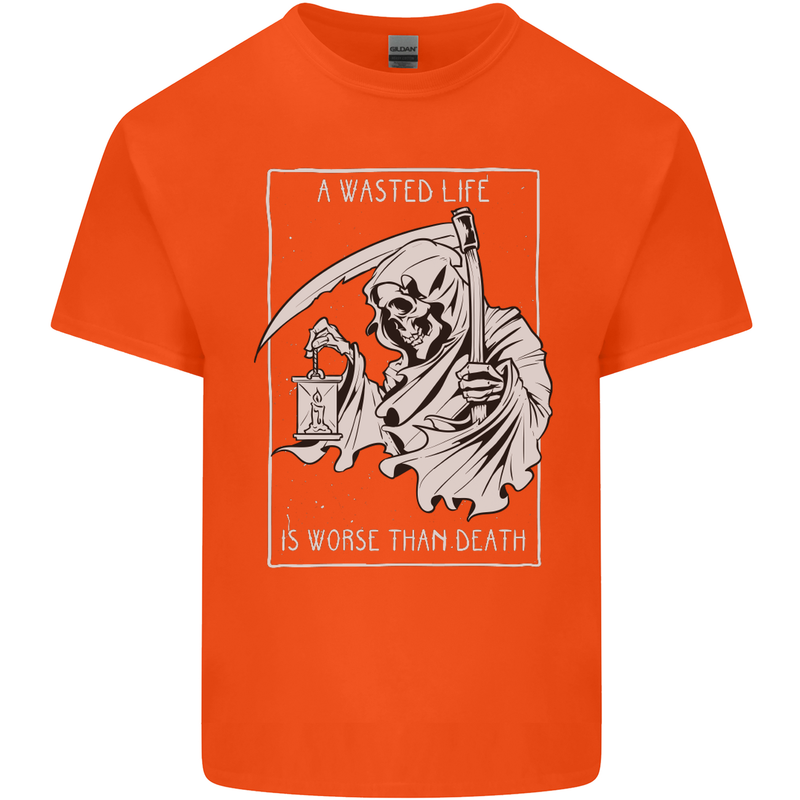 Wasted Life Grim Reaper Gothic Biker Skull Kids T-Shirt Childrens Orange