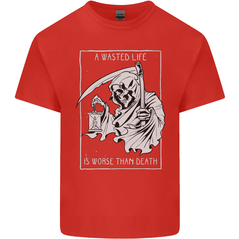 Wasted Life Grim Reaper Gothic Biker Skull Kids T-Shirt Childrens Red
