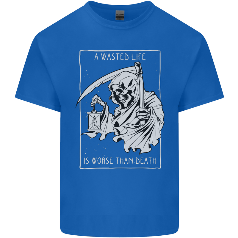 Wasted Life Grim Reaper Gothic Biker Skull Kids T-Shirt Childrens Royal Blue