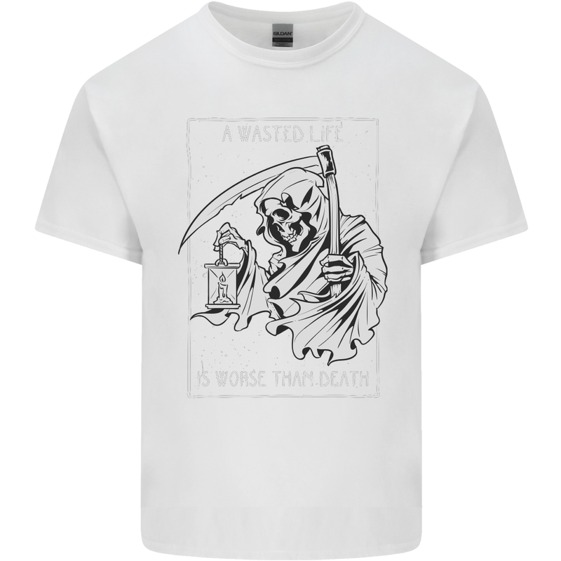 Wasted Life Grim Reaper Gothic Biker Skull Kids T-Shirt Childrens White