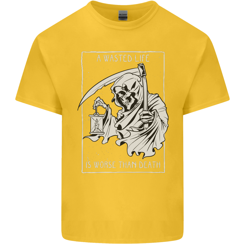 Wasted Life Grim Reaper Gothic Biker Skull Kids T-Shirt Childrens Yellow