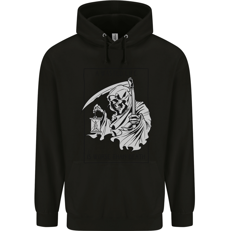 Wasted Life Grim Reaper Gothic Biker Skull Mens 80% Cotton Hoodie Black