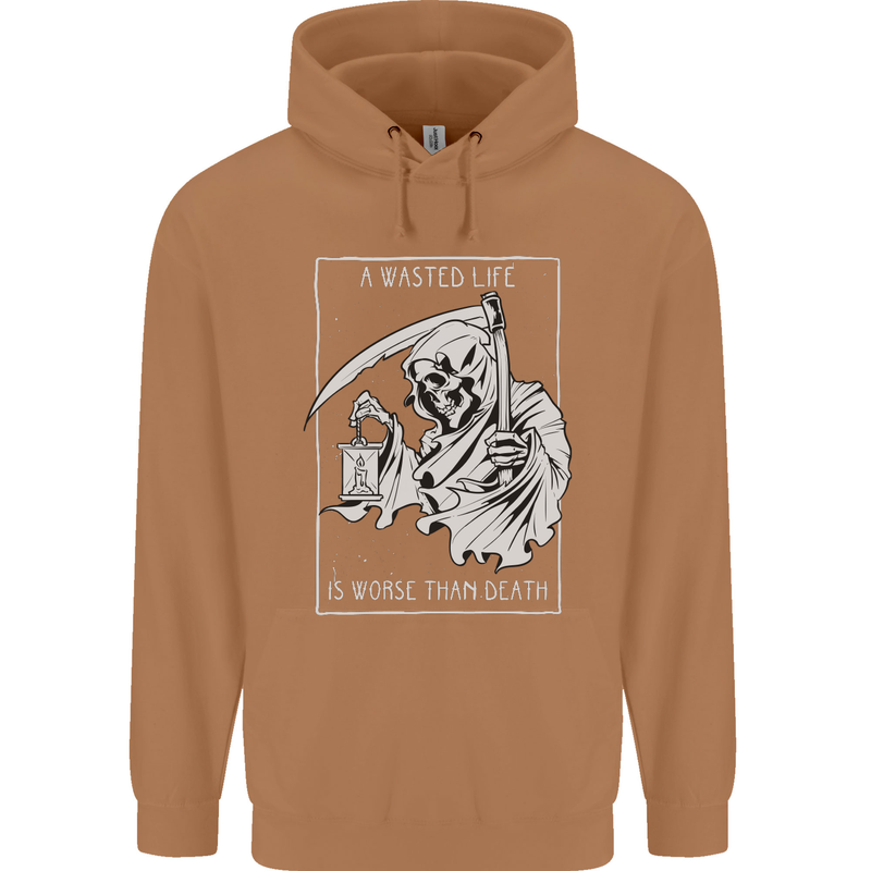 Wasted Life Grim Reaper Gothic Biker Skull Mens 80% Cotton Hoodie Caramel Latte