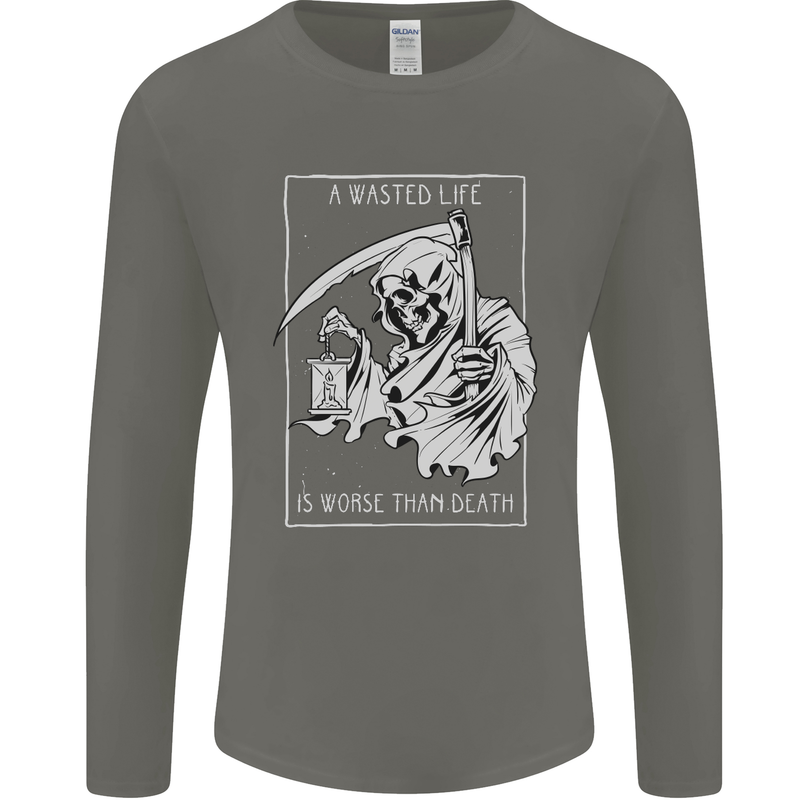 Wasted Life Grim Reaper Gothic Biker Skull Mens Long Sleeve T-Shirt Charcoal