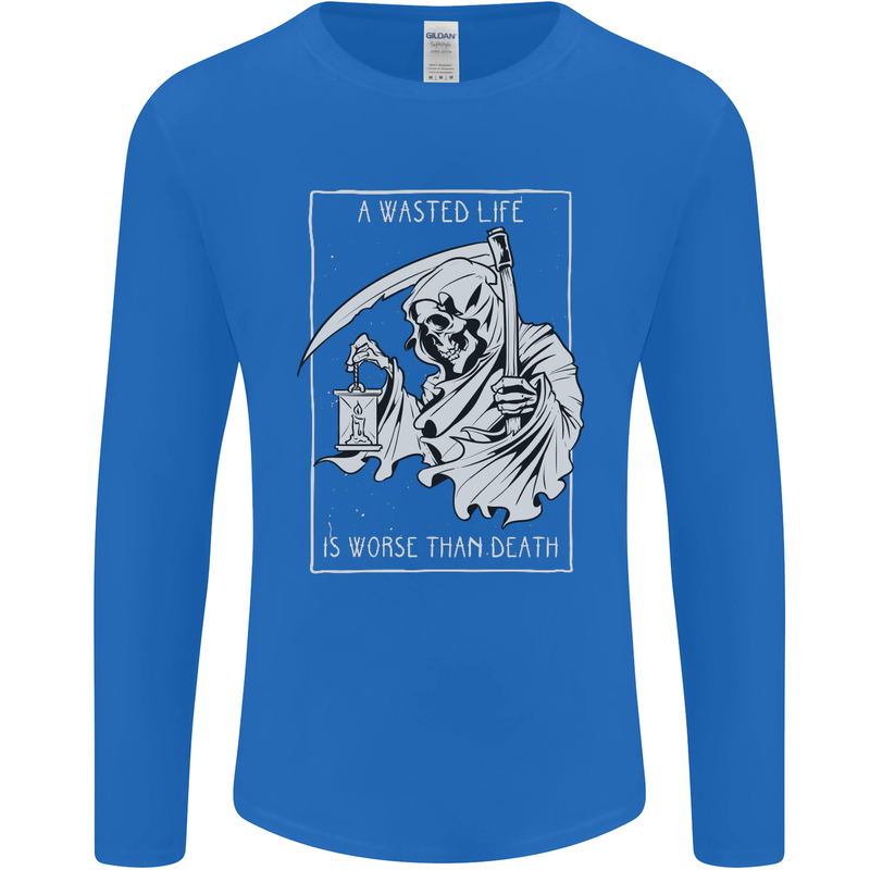 Wasted Life Grim Reaper Gothic Biker Skull Mens Long Sleeve T-Shirt Royal Blue