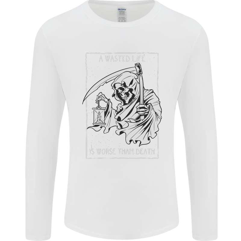 Wasted Life Grim Reaper Gothic Biker Skull Mens Long Sleeve T-Shirt White