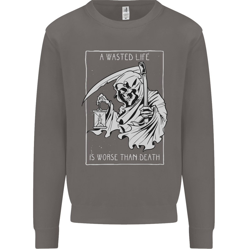 Wasted Life Grim Reaper Gothic Biker Skull Mens Sweatshirt Jumper Charcoal