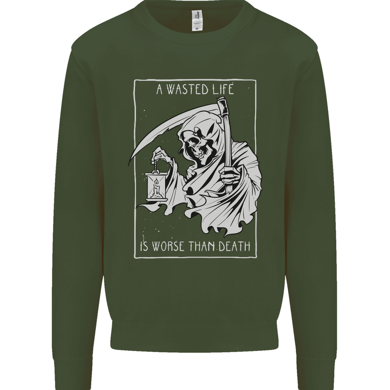 Wasted Life Grim Reaper Gothic Biker Skull Mens Sweatshirt Jumper Forest Green