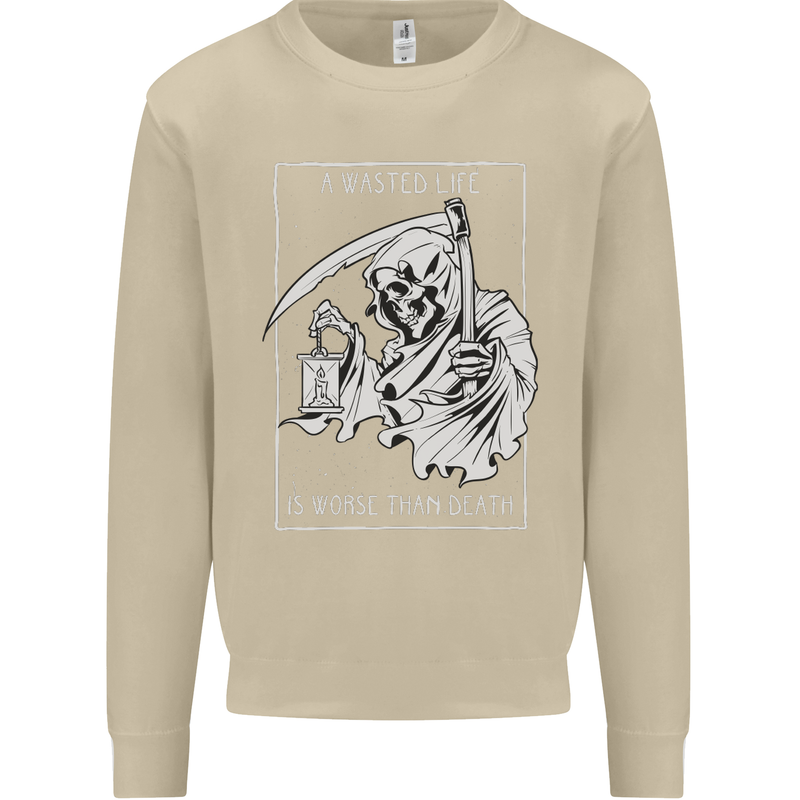 Wasted Life Grim Reaper Gothic Biker Skull Mens Sweatshirt Jumper Sand