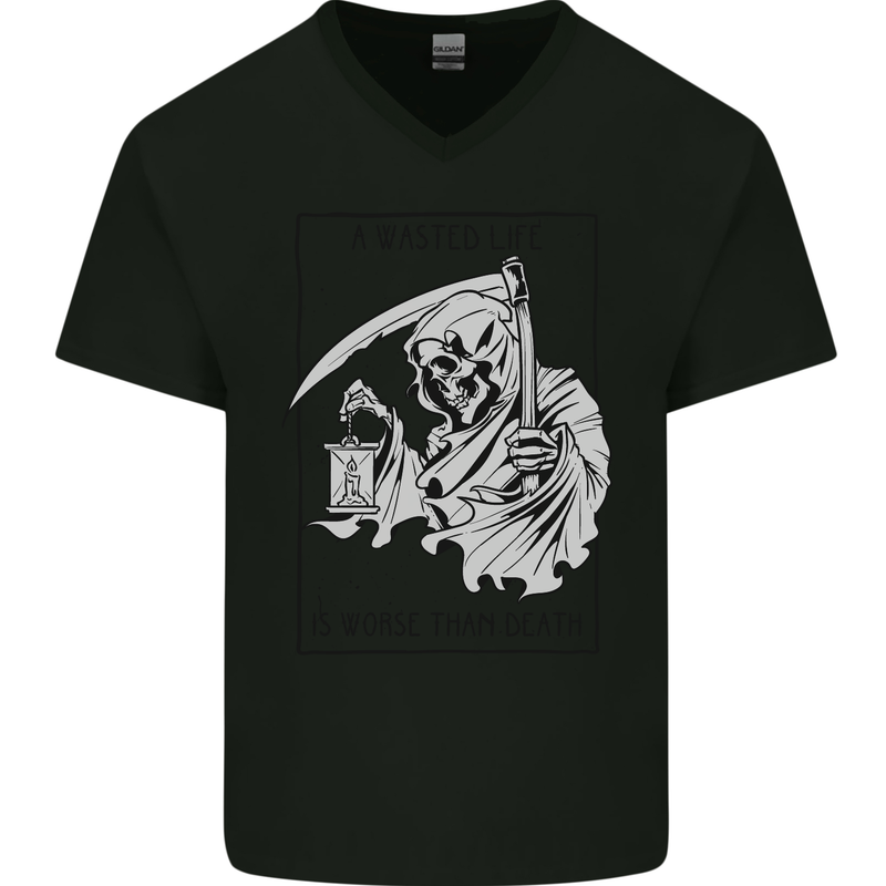 Wasted Life Grim Reaper Gothic Biker Skull Mens V-Neck Cotton T-Shirt Black