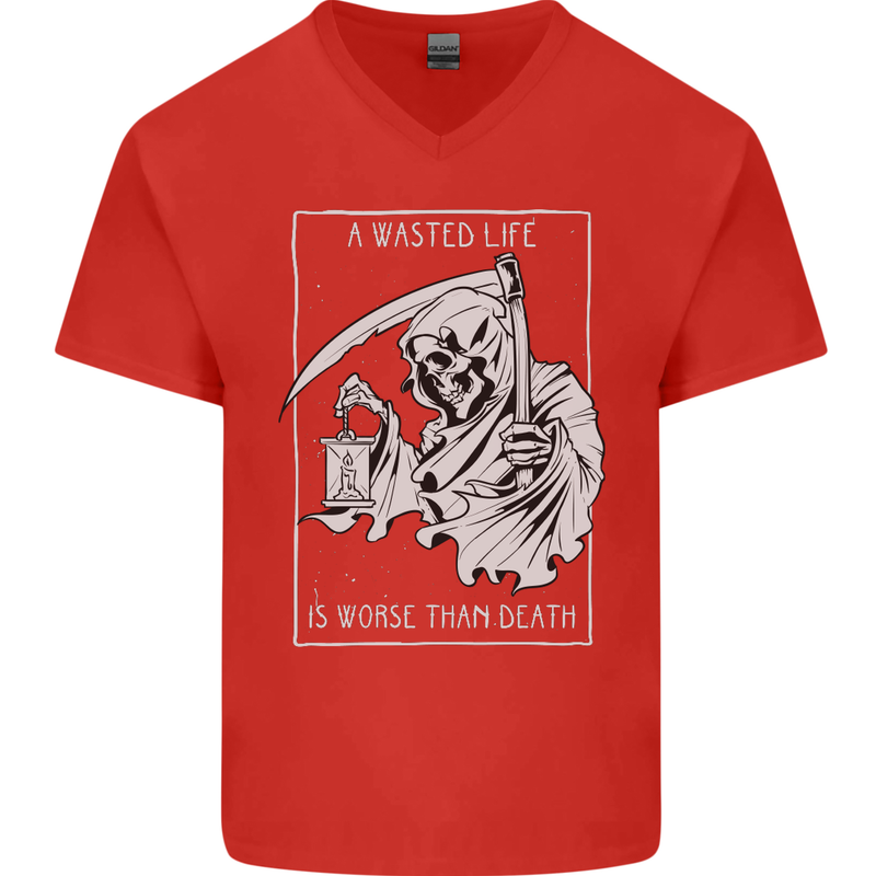Wasted Life Grim Reaper Gothic Biker Skull Mens V-Neck Cotton T-Shirt Red