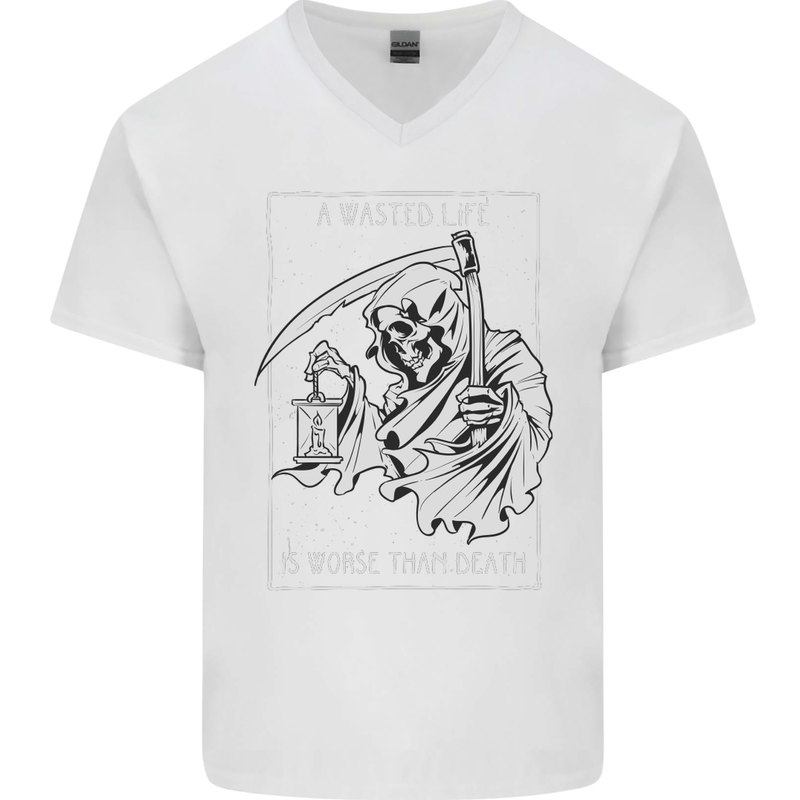 Wasted Life Grim Reaper Gothic Biker Skull Mens V-Neck Cotton T-Shirt White