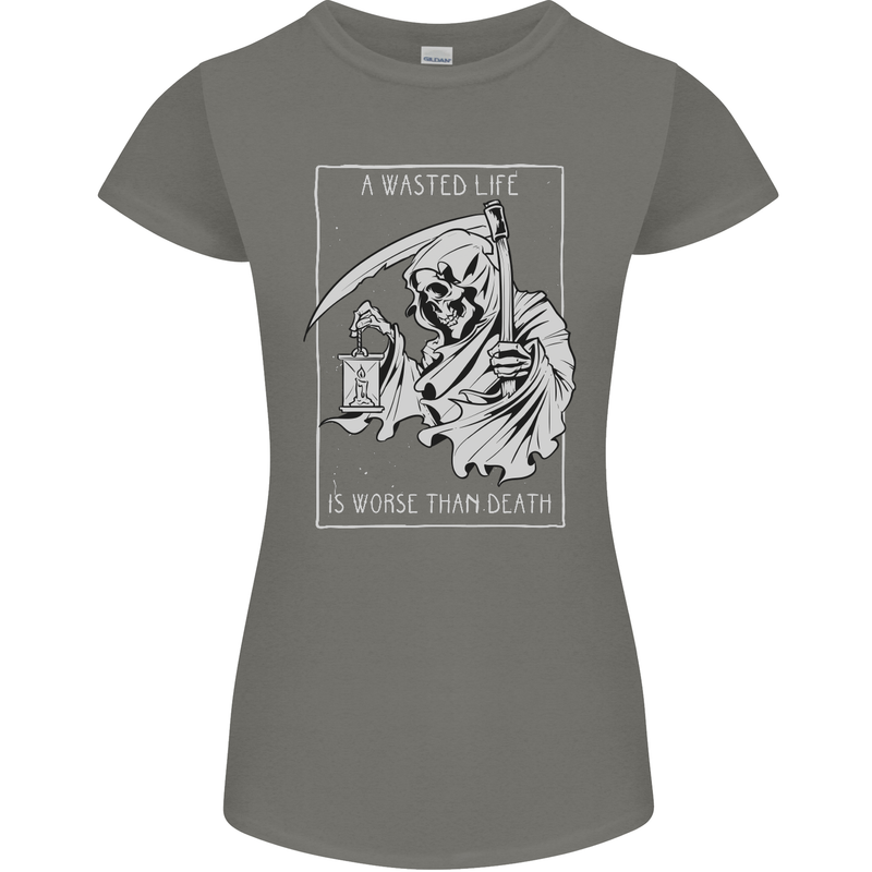 Wasted Life Grim Reaper Gothic Biker Skull Womens Petite Cut T-Shirt Charcoal
