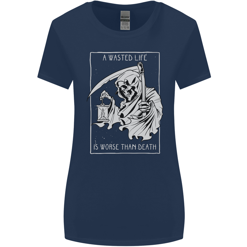 Wasted Life Grim Reaper Gothic Biker Skull Womens Wider Cut T-Shirt Navy Blue