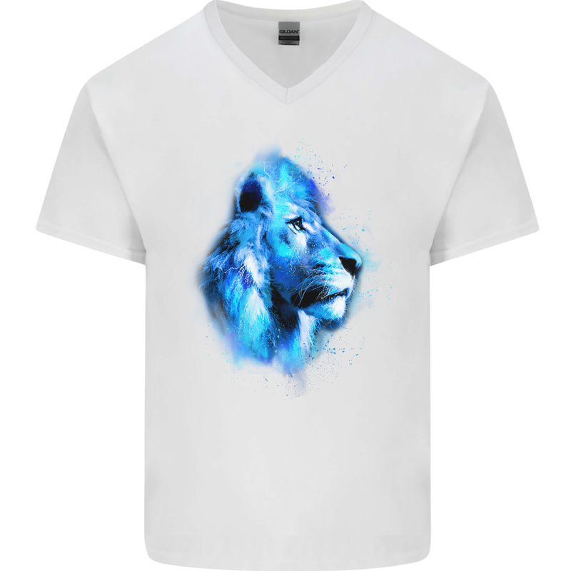 Watercolour Lion Mens V-Neck Cotton T-Shirt White