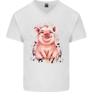 Watercolour Pig Mens V-Neck Cotton T-Shirt White