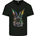 Watercolour Rabbit Bunny Mens V-Neck Cotton T-Shirt Black