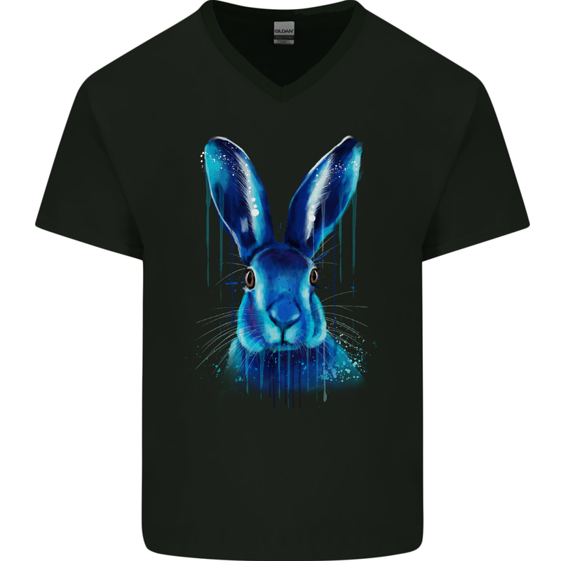 Watercolour Rabbit Mens V-Neck Cotton T-Shirt Black