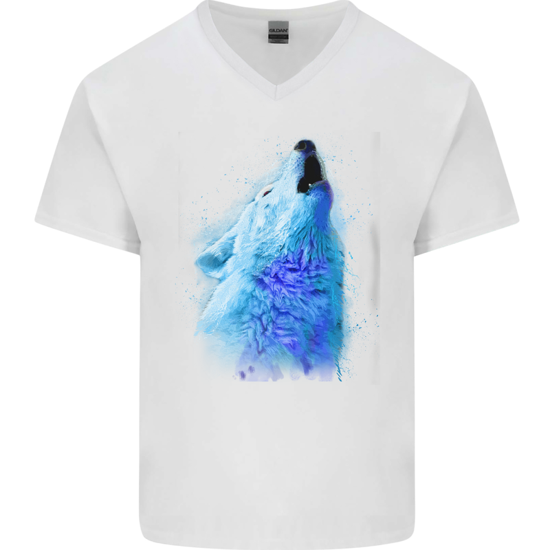Watercolour Wolf Mens V-Neck Cotton T-Shirt White