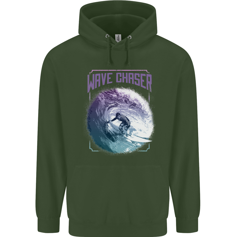 Wave Chaser Surfing Surfer Childrens Kids Hoodie Forest Green
