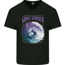 Wave Chaser Surfing Surfer Mens V-Neck Cotton T-Shirt Black