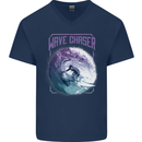 Wave Chaser Surfing Surfer Mens V-Neck Cotton T-Shirt Navy Blue