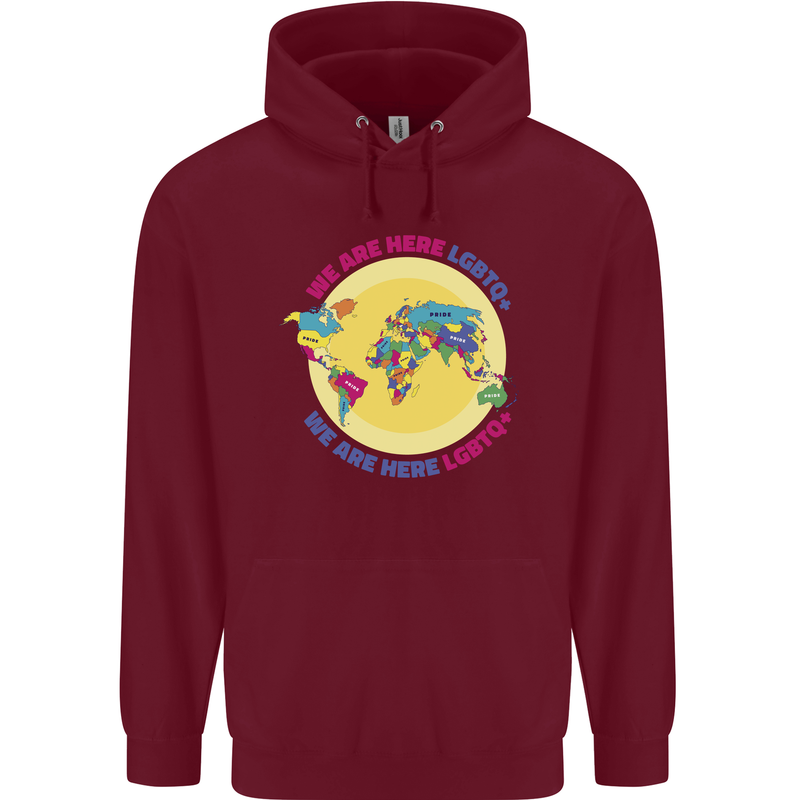 We Are Here LGBT Mens 80% Cotton Hoodie Maroon