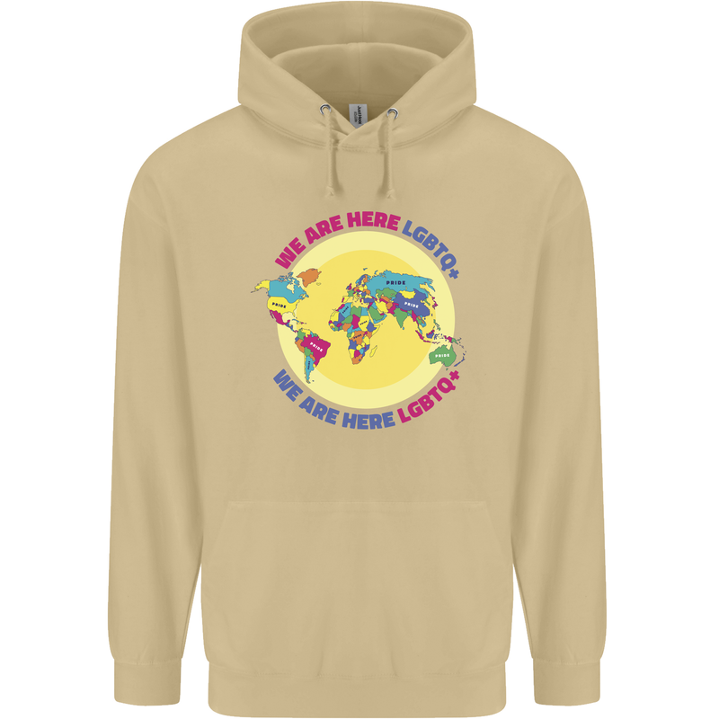 We Are Here LGBT Mens 80% Cotton Hoodie Sand