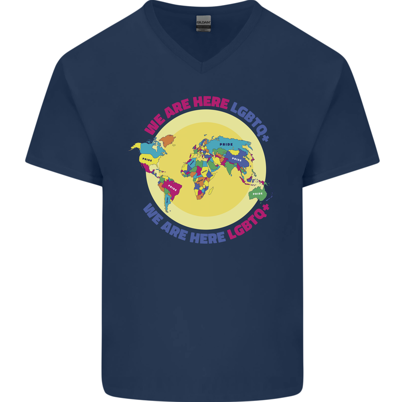 We Are Here LGBT Mens V-Neck Cotton T-Shirt Navy Blue