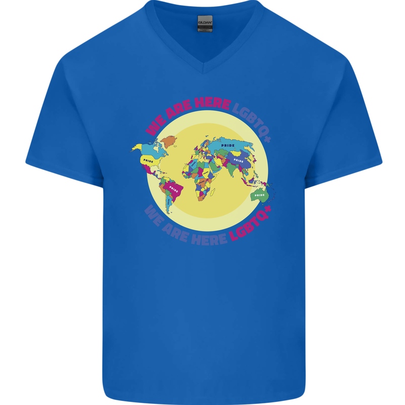 We Are Here LGBT Mens V-Neck Cotton T-Shirt Royal Blue
