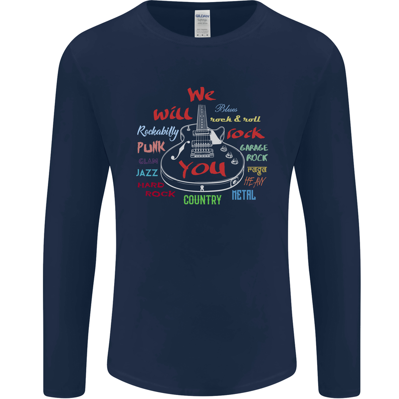 We Will Rock You Rock Country Punk Guitar Mens Long Sleeve T-Shirt Navy Blue