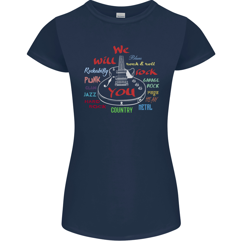 We Will Rock You Rock Country Punk Guitar Womens Petite Cut T-Shirt Navy Blue