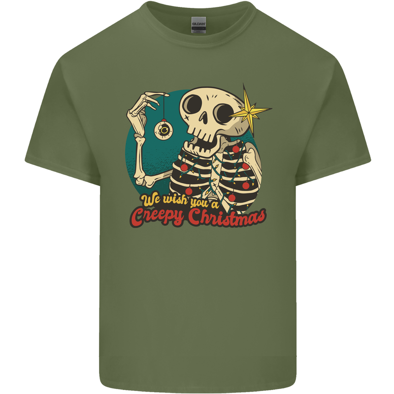 We Wish You a Creepy Christmas Skull Mens Cotton T-Shirt Tee Top Military Green