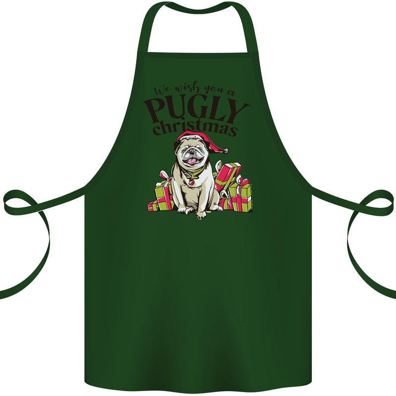 We Wish You a Pugly Christmas Funny Pug Cotton Apron 100% Organic Forest Green