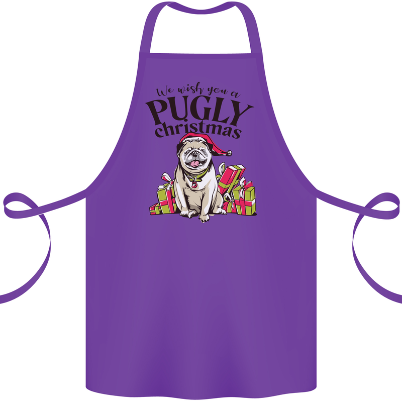 We Wish You a Pugly Christmas Funny Pug Cotton Apron 100% Organic Purple