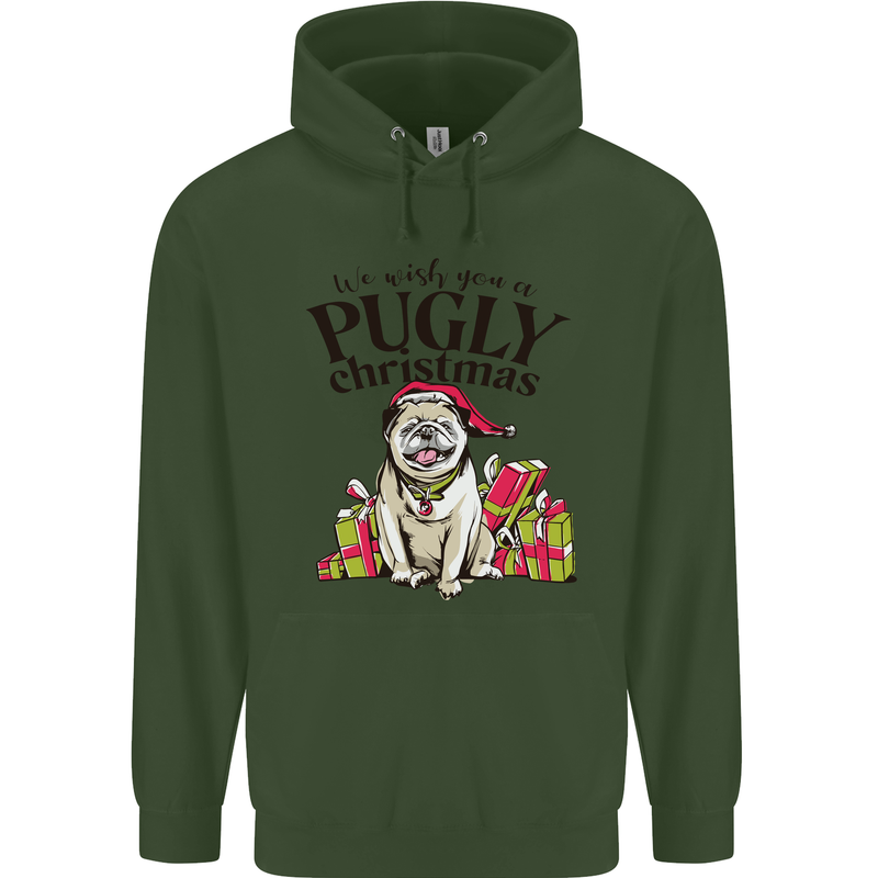 We Wish You a Pugly Christmas Funny Pug Mens 80% Cotton Hoodie Forest Green